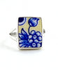 Blue Flowers on Yellow Vintage Pottery Rectangle Ring- Size 6.5