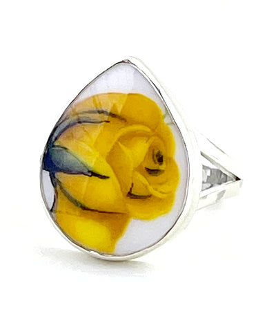 Bold Yellow Rose Vintage Pottery Teardrop Ring- Size 7