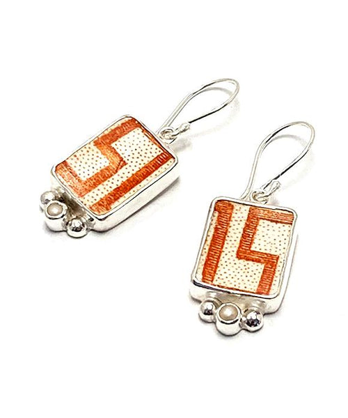 Orange Geometric Vintage Pottery with White Pearl Single Drop Earrings