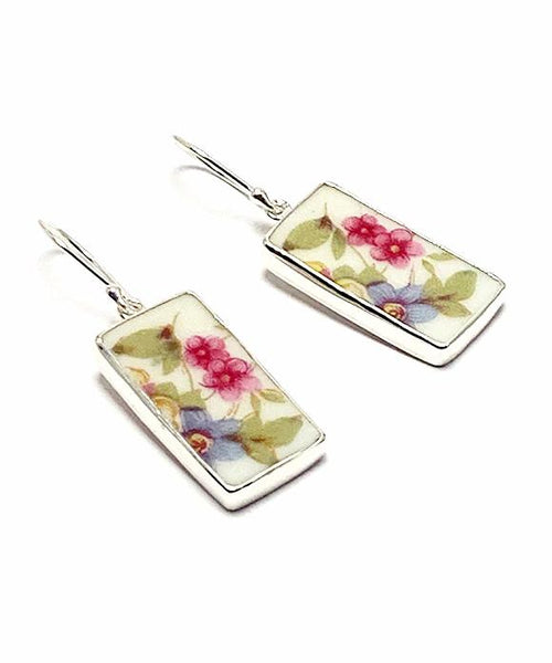 Double Pink & Blue Flower Vintage Pottery Rectangle Single Drop Earrings