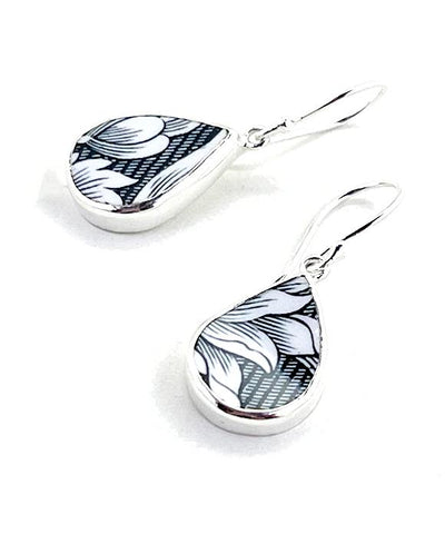 Black and White Flower Vintage Pottery Tear Drop Single Drop Earrings