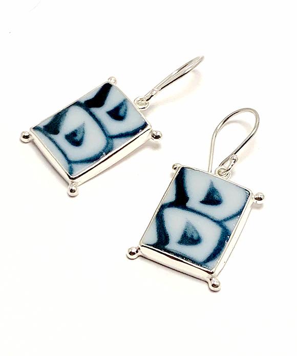 Bold Blue Abstract Vintage Pottery with Decorative Jester Bezel Single Drop Earrings