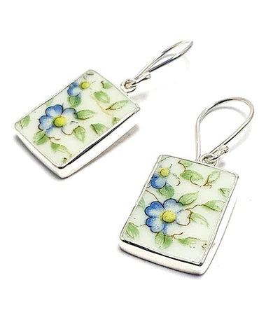 Delicate Blue Flower Vintage Pottery Rectangle Single Drop Earrings