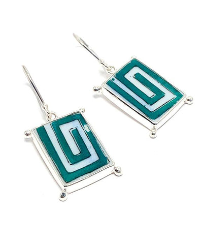 Jade Green Geometric Vintage Pottery with Decorative Jester Bezel Single Drop Earrings