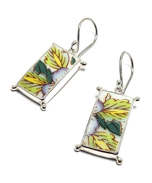 Green Leaves Vintage Pottery with Decorative Jester Bezel Single Drop Earrings