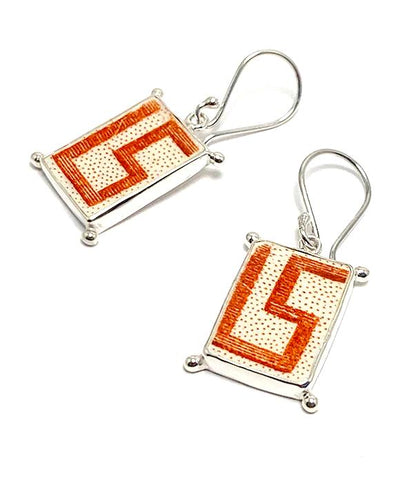 Orange Geometric Vintage Pottery with Decorative Jester Bezel Single Drop Earrings