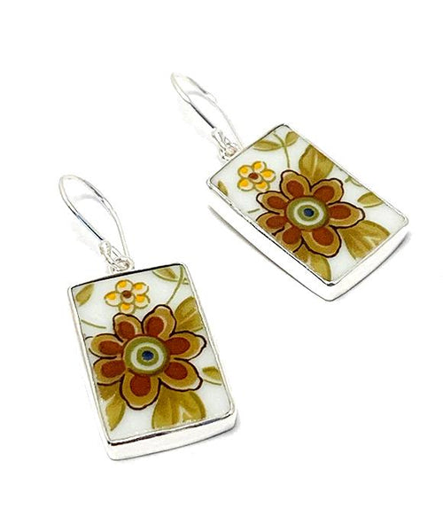 Brown Flower Vintage Pottery Rectangle Single Drop Earrings