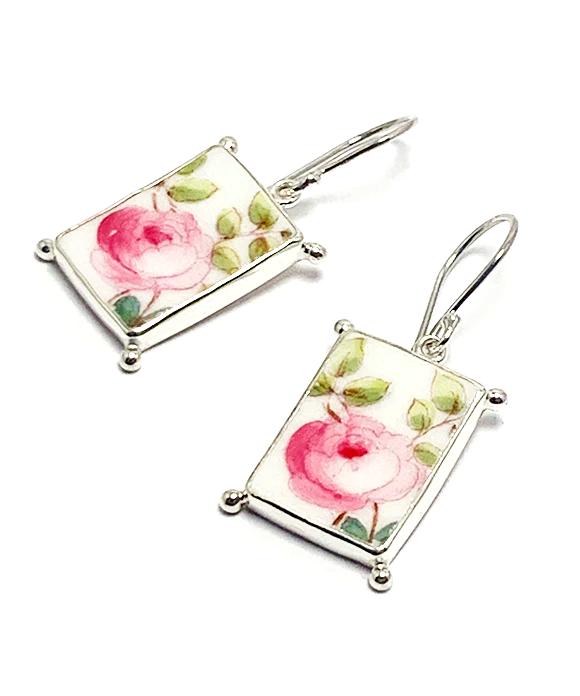 Pink Roses Vintage Pottery with Decorative Jester Bezel Single Drop Earrings