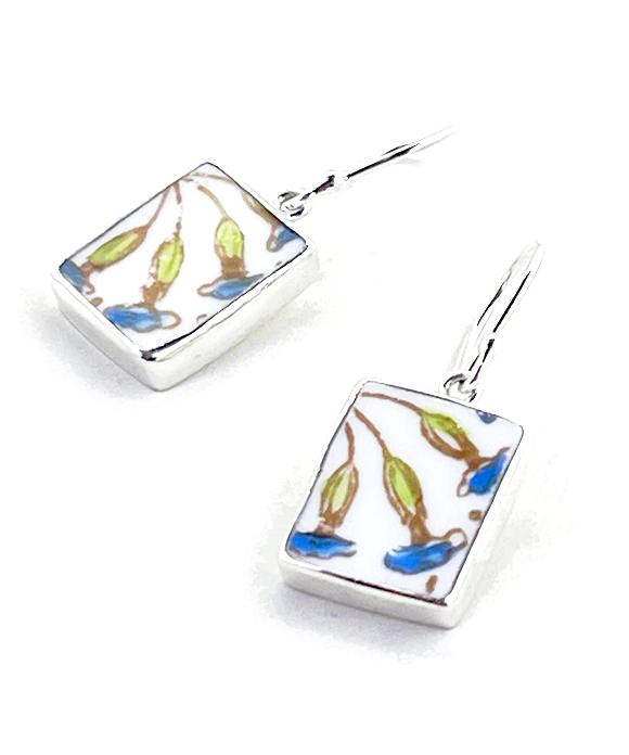 Blue Flower Vintage Pottery Rectangle Single Drop Earrings