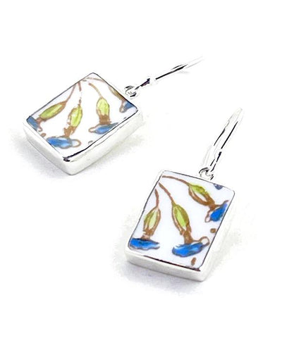 Blue Flower Vintage Pottery Rectangle Single Drop Earrings