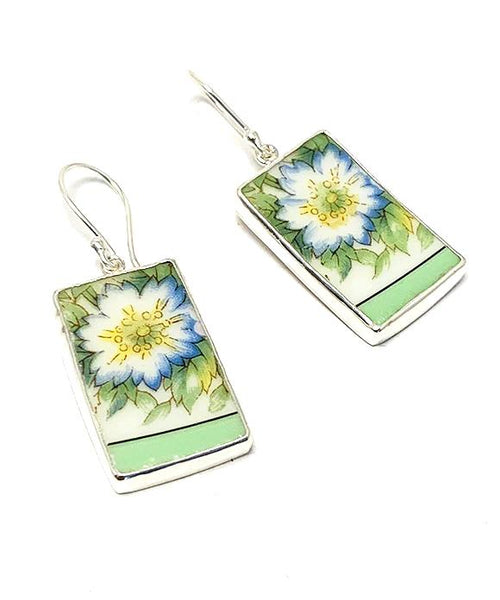 Big Blue & Yellow Flowers with Mint Vintage Pottery Single Drop Earrings