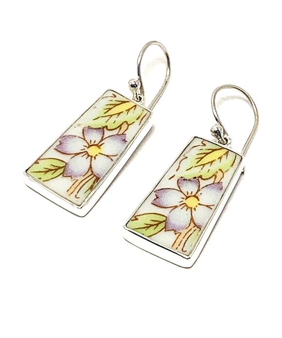 Light Purple Flowers and Green Leaves Vintage Pottery Single Drop Earrings