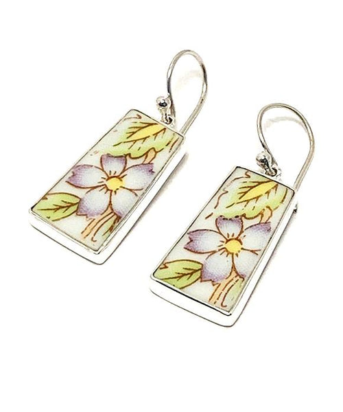 Light Purple Flowers and Green Leaves Vintage Pottery Single Drop Earrings
