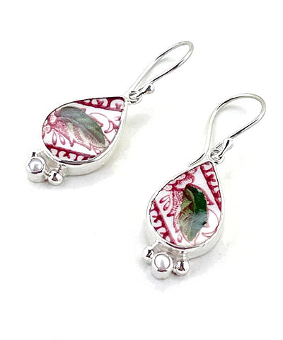 Red & White with Green Vintage Pottery with White Pearl Single Drop Earrings