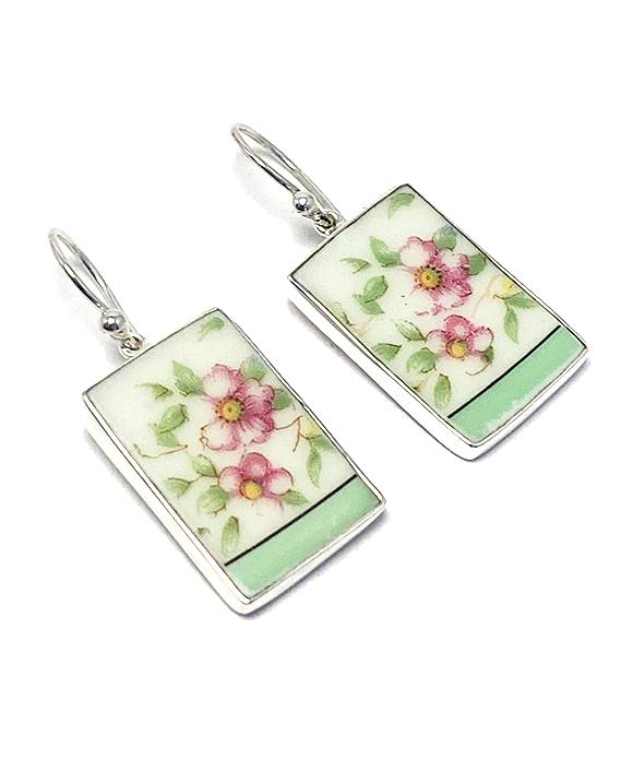 Pink & Yellow Flowers with Mint Vintage Pottery Single Drop Earrings