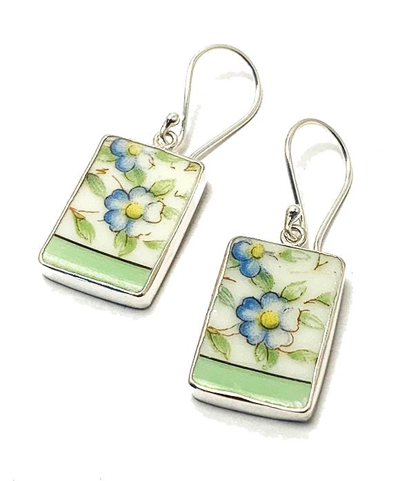 Blue Flowers with Mint Vintage Pottery Single Drop Earrings