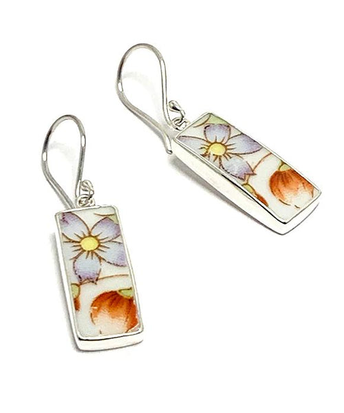 Retro Purple & Yellow Flower Vintage Pottery Long Rectangle Single Earrings