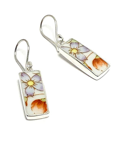 Retro Purple & Yellow Flower Vintage Pottery Long Rectangle Single Earrings