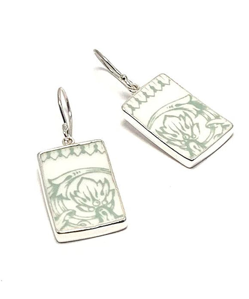 Mint Floral Vintage Pottery Single Drop Rectangle Earrings