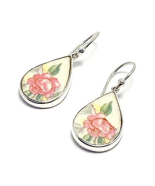 Leafy Pink Roses Vintage Pottery Teardrop Single Drop Earrings