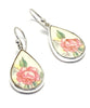 Leafy Pink Roses Vintage Pottery Teardrop Single Drop Earrings