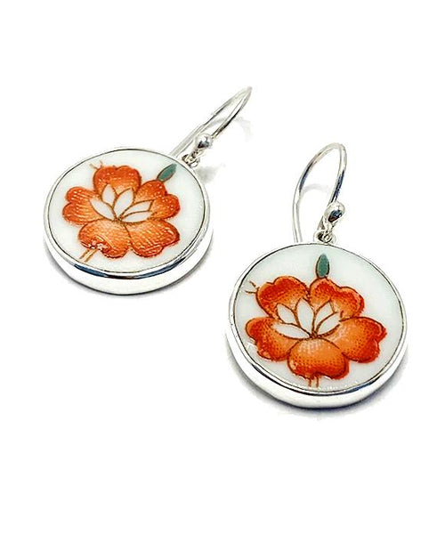 Bold Orange Flower Vintage Pottery Round Single Drop Earrings