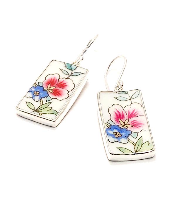 Pink & Blue Flower Vintage Pottery Rectangle Single Drop Earrings