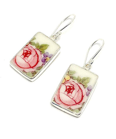 Pink Roses with Leaves Vintage Pottery Rectangle Single Drop Earrings
