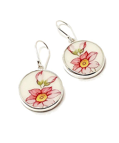 Pink and Yellow Flower Vintage Pottery Round Single Drop Earrings