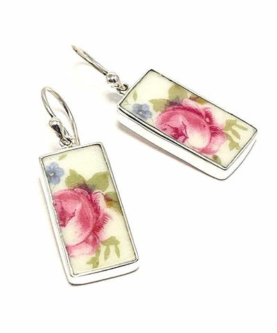 Pink Leafy Rose Vintage Pottery Rectangle Single Drop Earrings