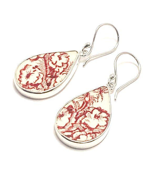 Red and White Floral Pottery Single Drop Earrings