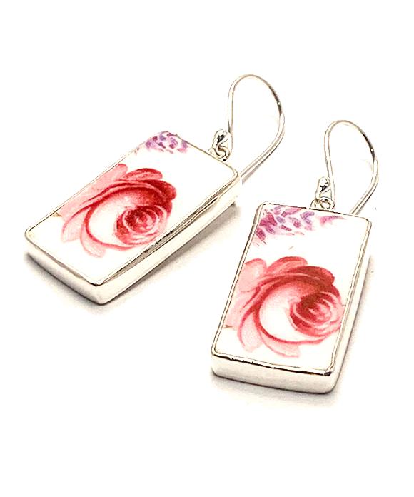 Large Pink Roses Vintage Pottery Rectangle Single Drop Earrings