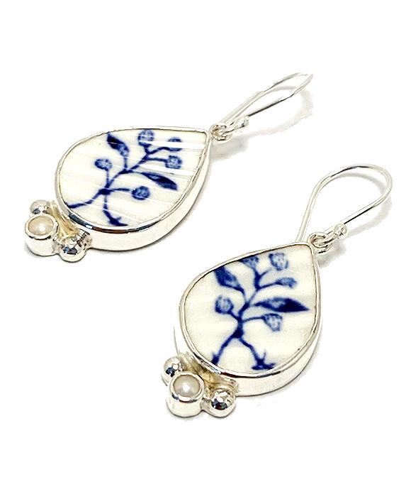 Delicate Blue Flowers Vintage Pottery with White Pearl Single Drop Earrings