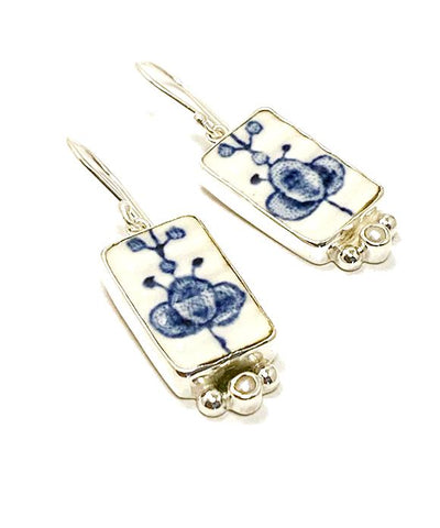Blue Flowers on Textured Vintage Pottery with White Pearl Single Drop Earrings