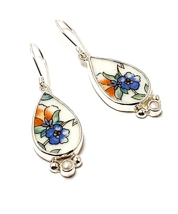 Orange and Blue Flower Vintage Pottery with White Pearl Single Drop Earrings