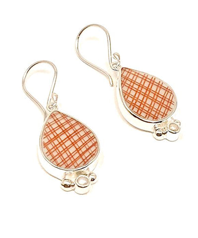 Orange Plaid Striped Vintage Pottery with White Pearl Single Drop Earrings