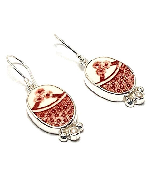 Red & White Vintage Pottery with Pearl Oval Shaped Single Drop Earrings
