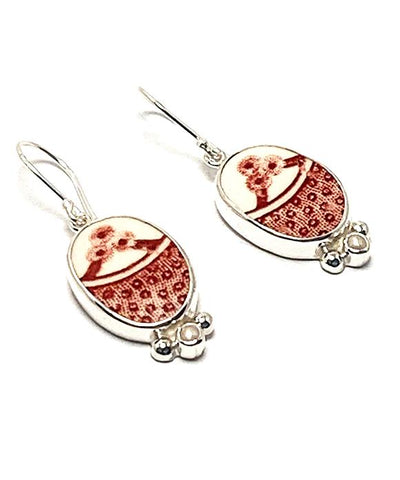 Red & White Vintage Pottery with Pearl Oval Shaped Single Drop Earrings