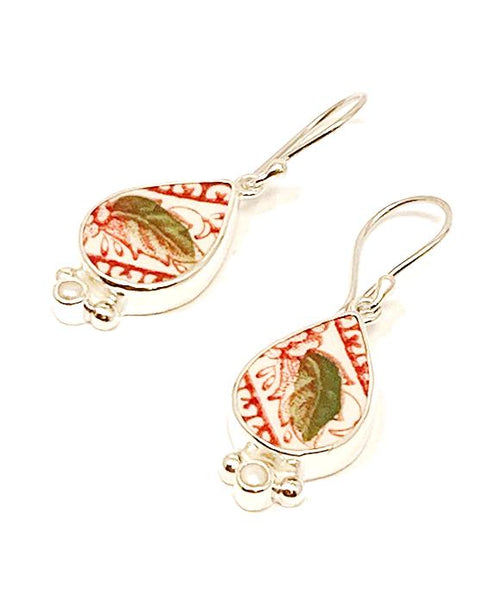Red & Withe Vintage Pottery with White Pearl Single Drop Earrings