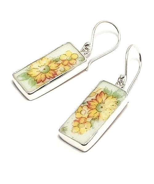 Yellow Flowers Vintage Pottery Long Rectangle Single Drop Earrings