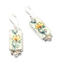 Yellow Flower with Green Leaves Vintage Pottery & White Pearl Single Drop Earrings