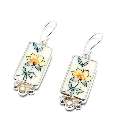 Yellow Flower with Green Leaves Vintage Pottery & White Pearl Single Drop Earrings