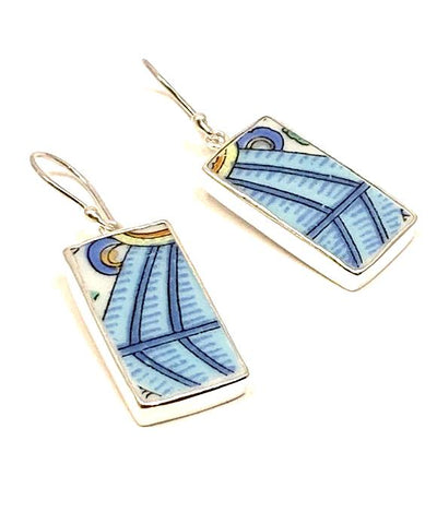 Large Blue Geometric Striped Vintage Pottery Rectangle Single Earrings