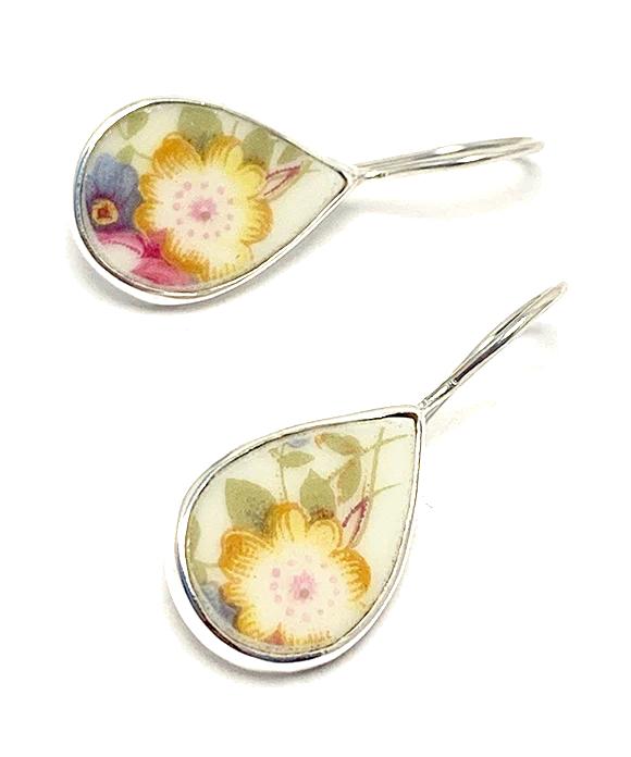 Soft Yellow Flowers Vintage Pottery Single Drop Earrings
