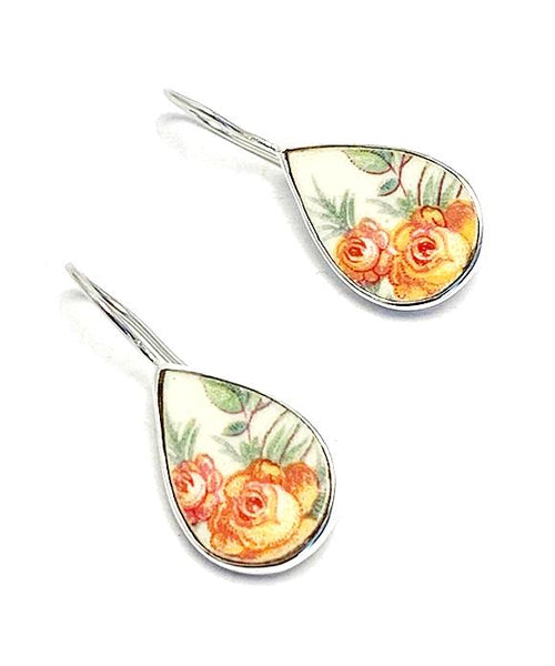 Pink & Yellow Roses Vintage Pottery Single Drop Earrings