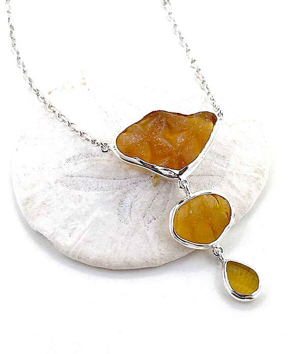 Shades of Textured Amber Sea Glass Triple Drop Necklace