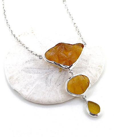 Shades of Textured Amber Sea Glass Triple Drop Necklace