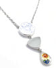 White Flower Button, Clear Sea Glass & Floral Vintage Pottery Triple Drop Necklace