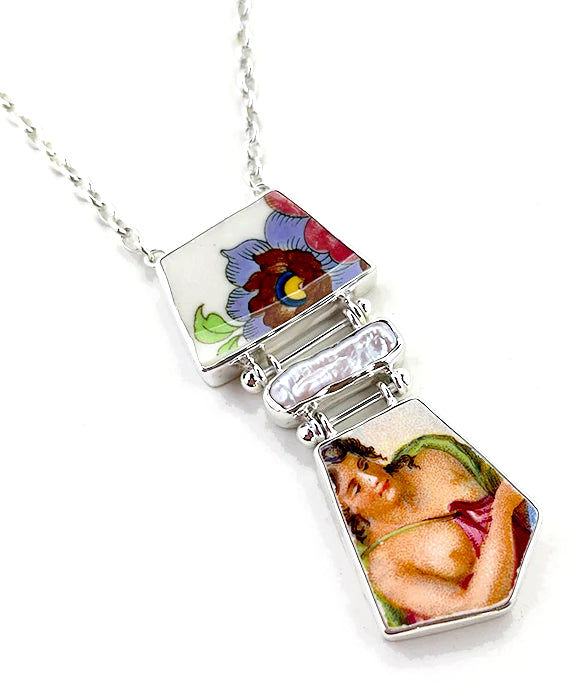 Purple Flower, Biwa Pearl & Goddess Vintage Pottery Triple Drop Barbell Necklace