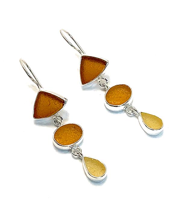 Brown, Amber & Yellow Sea Glass Multi Shape Triple Drop Earrings